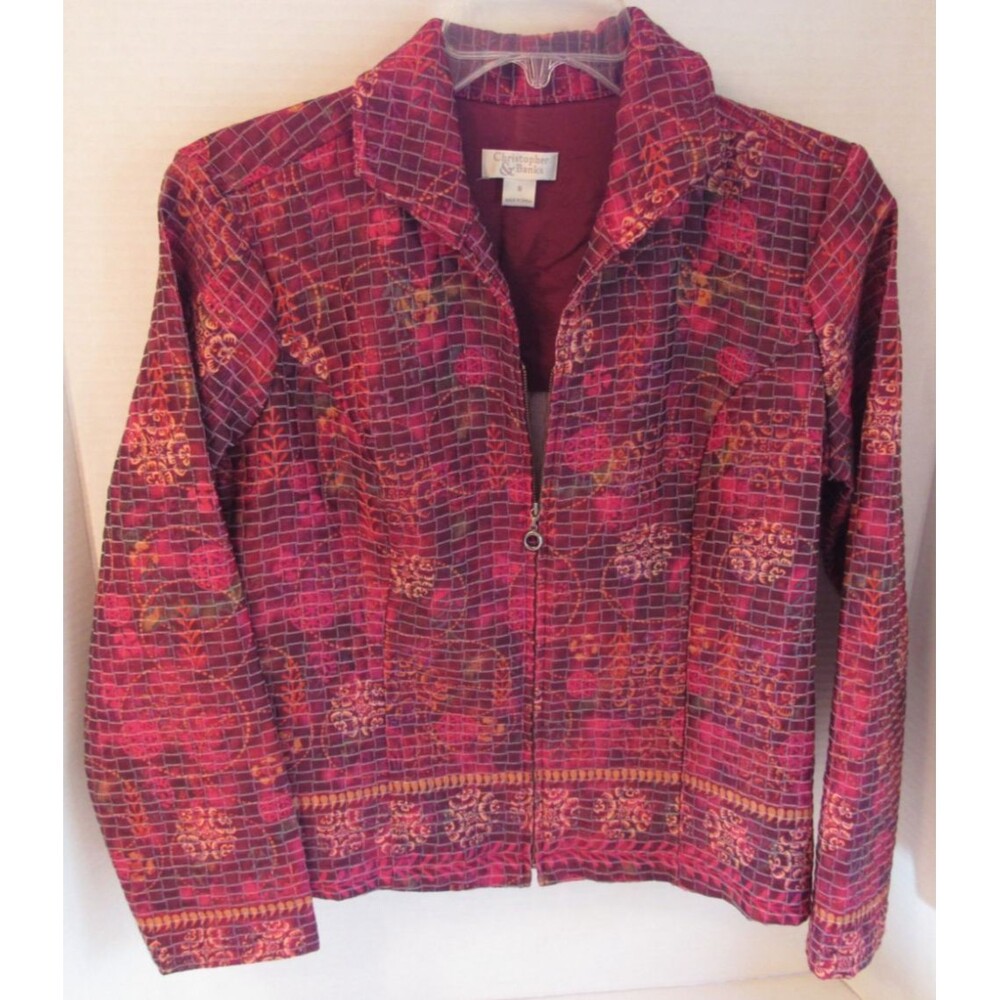 Christopher & Banks Womens LS Jacket Zip Front Floral Quilted Red Size Small